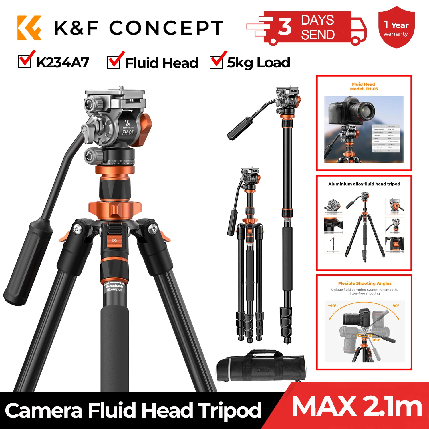 K&F Concept Professional Camera Fluid Head Tripod For Canon Nikon DSLR Camcorder 83\'\'/2.1m New Photography Aluminum Tripod Stand