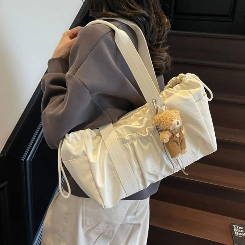 

Casual Sweet Drawstring Tote Bag Large Capacity Solid Color Nylon Shoulder Bag Minimalist Pleated Lightweight Handbag Student