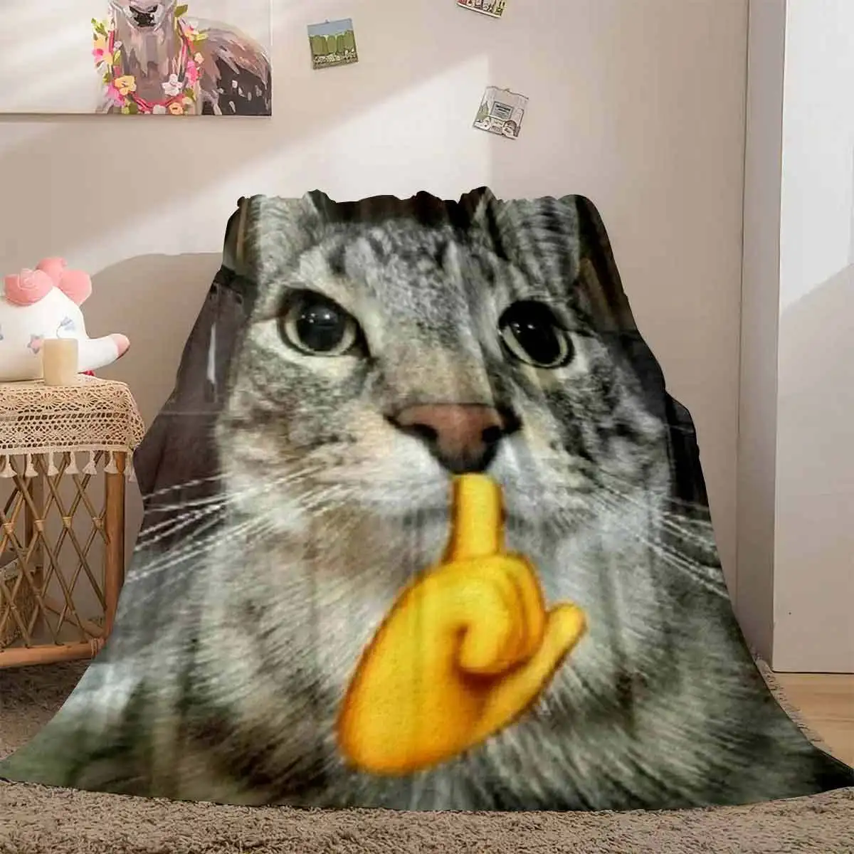 Shh Quiet Meme Cat Flannel Throw Blanket, Funny Tabby Cat With Finger Emoji Soft Warm Blanket Sofa Bed Home Decor Gift Ideas Now