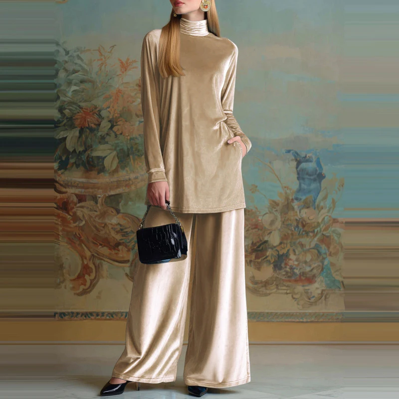 خريف جديد إمرأة الصلبة قطعتين مزاجه المخملية فضفاضة تخفيف وتتسابق أنيقة س الرقبة طويلة الأكمام البلوفرات وسراويل جيب مجموعات