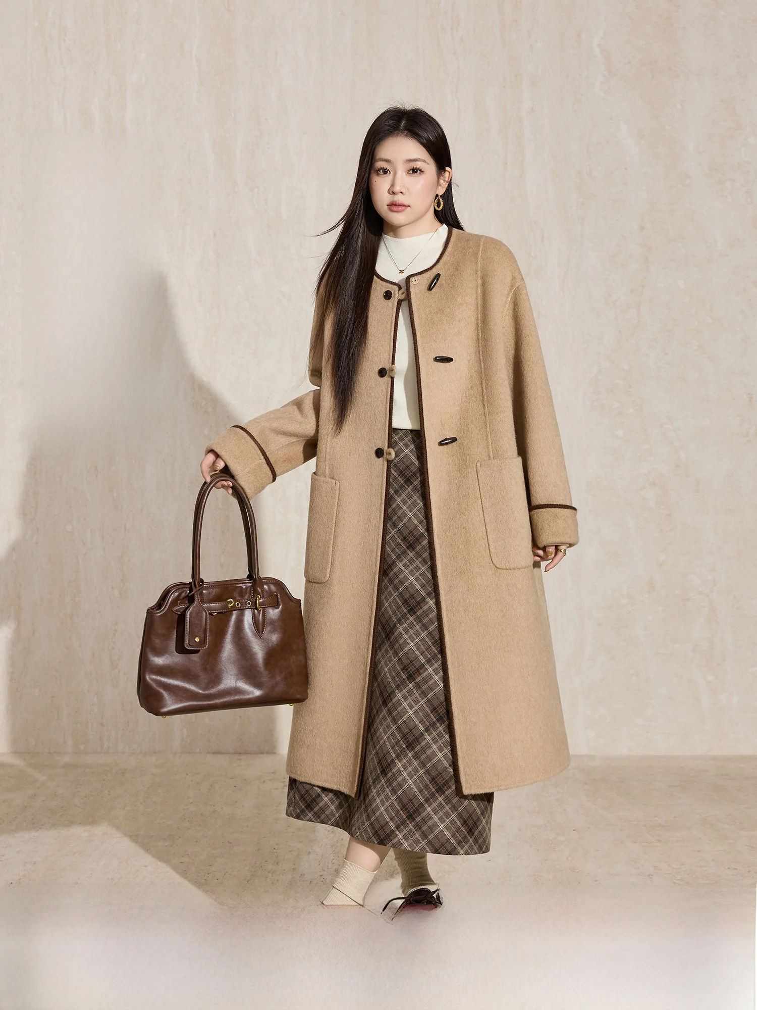 

Blue Language Large Size Korean Sle round Ne Buttoned Woolen Coat Women's Winter New Mid-Length Double-Faced Wool Coat