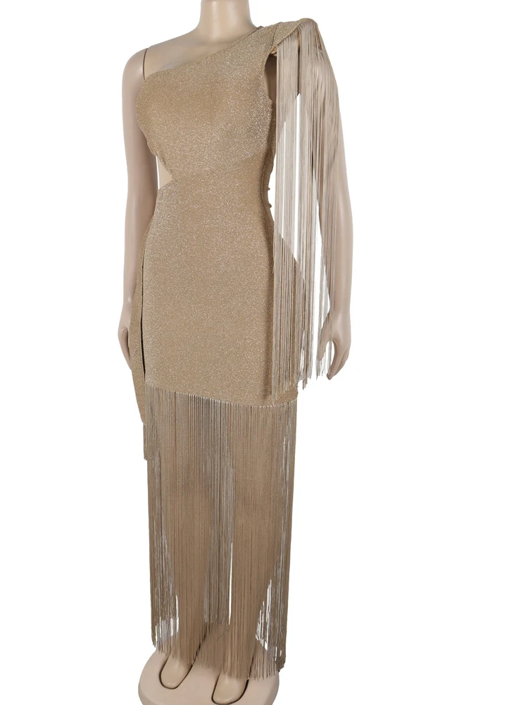 Kricesseen Vestido sexy de fiesta con un solo hombro y purpurina para mujer con borlas y bodycon para eventos de noche/club