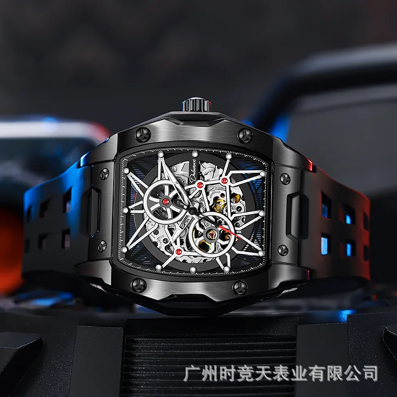 Stainless alloy Tonneau Full Skeleton Silicone Strap Luminous Waterproof Self-Wind Automatic Exquisite watch for Men