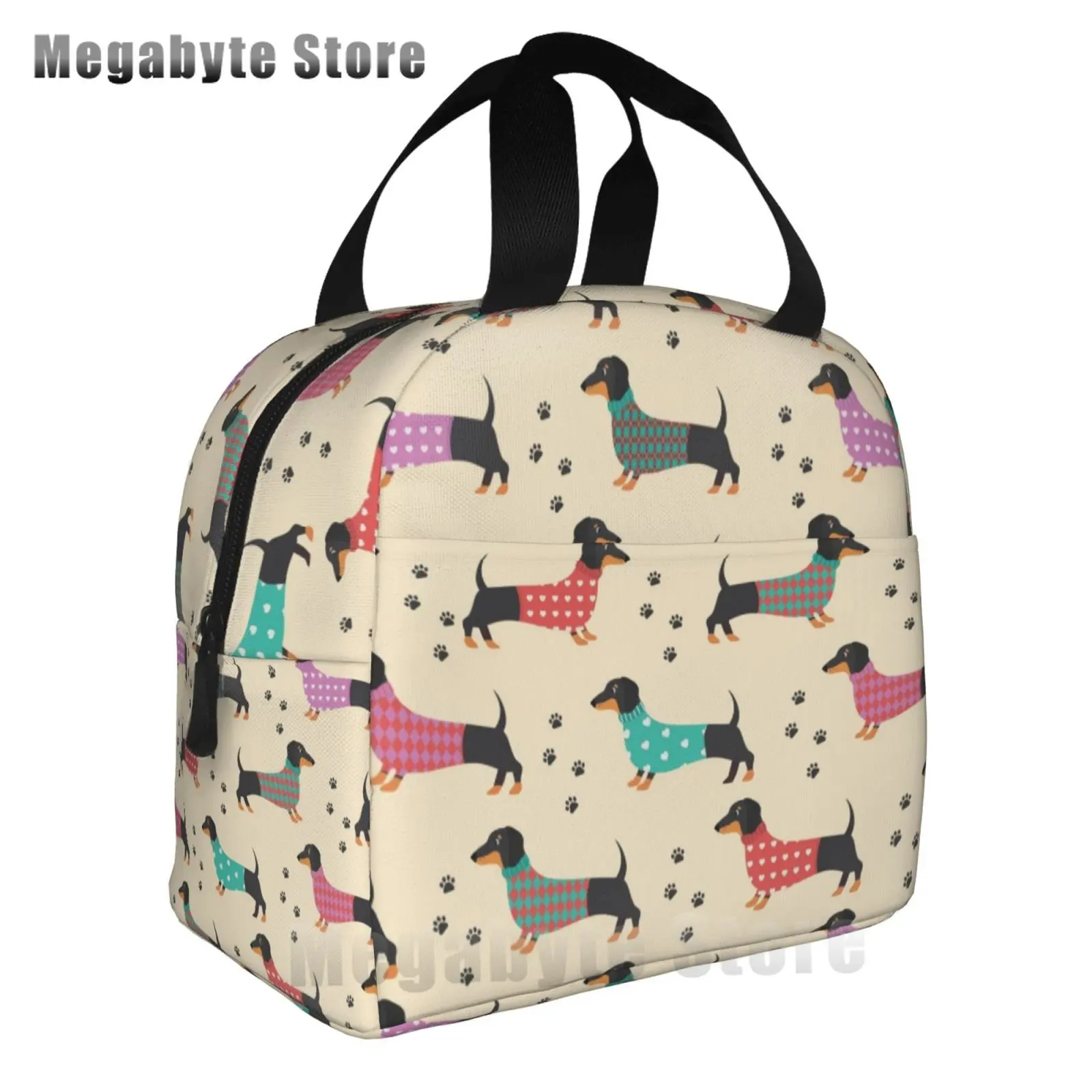 

Многоразовая термосумка-холодильник с принтом такс и розовыми цветами, с передним карманом, для женщин и мужчин