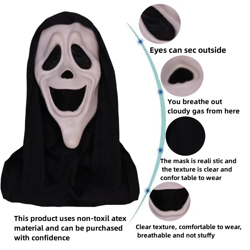 Horror Ghost Mask Realistic Scream Tongue Scary Ghost Face Latex mask  Cosplay killer Mask Demon Slayer Halloween Costume