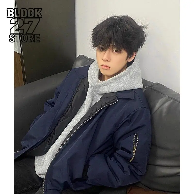 Мужская куртка Harajuku, осенне-зимняя Cleanfit, темно-синее хлопковое пальто, винтажный летный стиль, теплая верхняя одежда-пуховик, свободная посадка, повседневная мода
