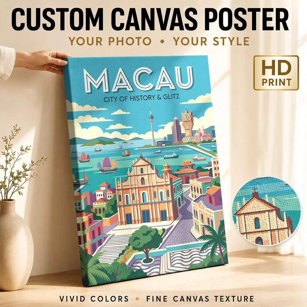 Macau Cityscape with Ruins of St. Paul's Canvas Painting Poster Personalized Modern Aesthetic Canvas Wall Art for Office Decor