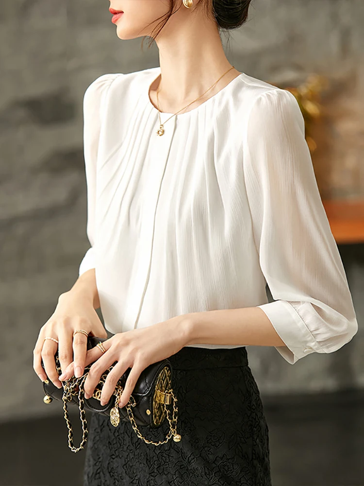 SENTUBILA White Chiffon Shirt for Women 2024 Elegant Fashion Three Quarter Sleeve Pleated Button Down Shirts & Blouses Woman Top