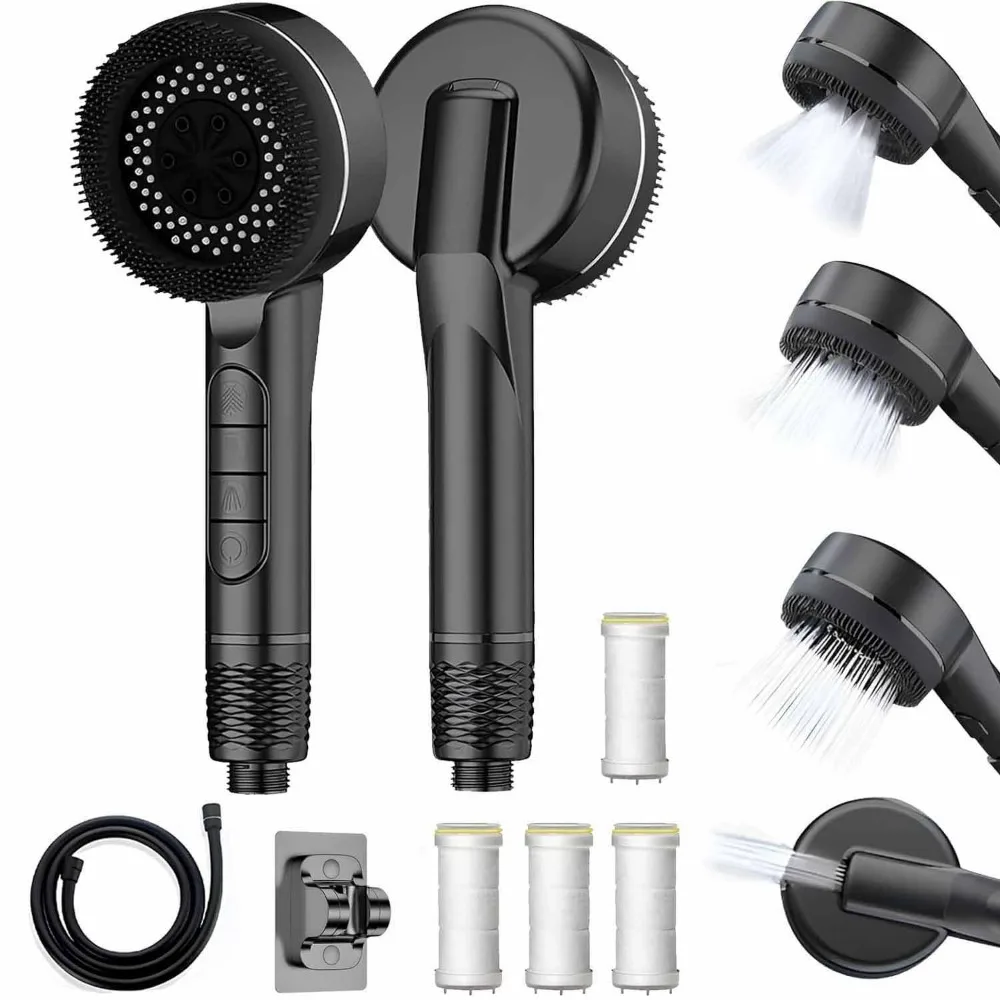Pommeau de douche à 4 modes avec système de pression renforcée et filtre minéral triple, comprenant 4 cartouches filtrantes, un support de douche et un tuyau en laiton de 1,5 m pour la purification de l’eau dure.