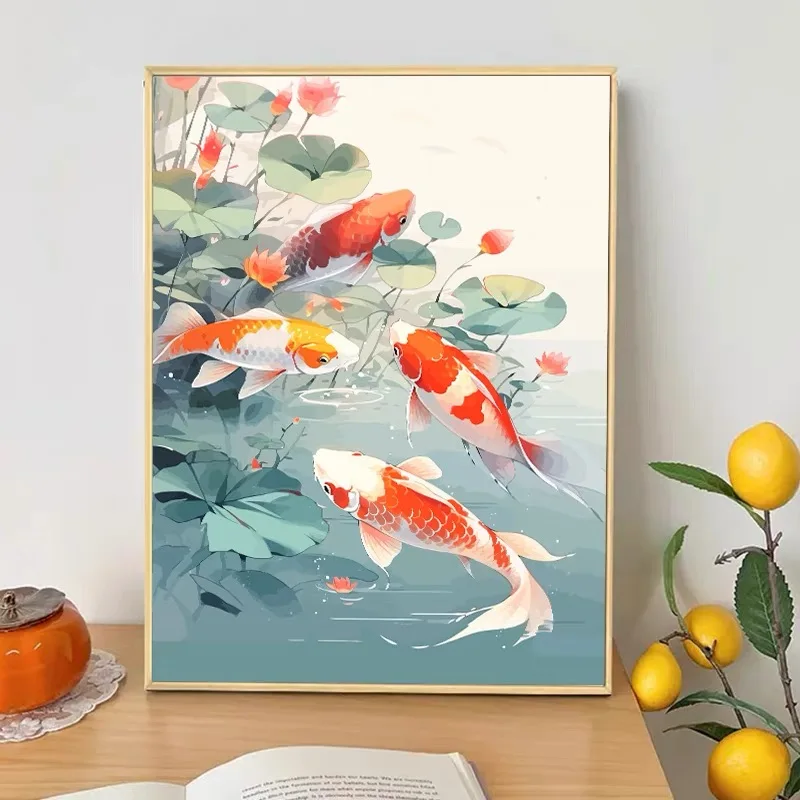 

New 2024 Diamond Painting Landscape with Carp Fish Handmade DIY Living Room Decor Cross Stitch Artwork with Frame