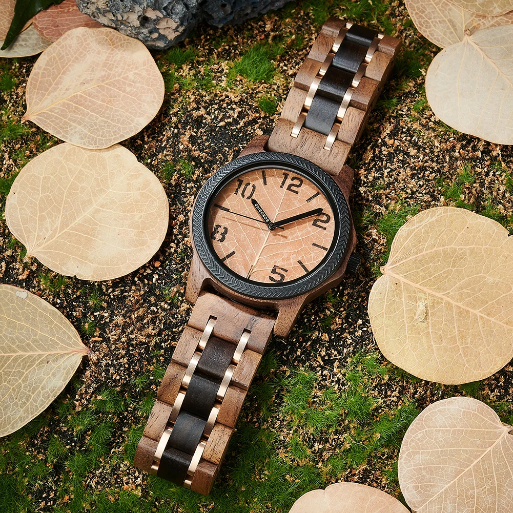 Men\'s Wood Watch with Genuine Leaf BOBO BIRD Watch for Men Bois Natural Handmade Watches Wooden Custom Gift for Anniversary