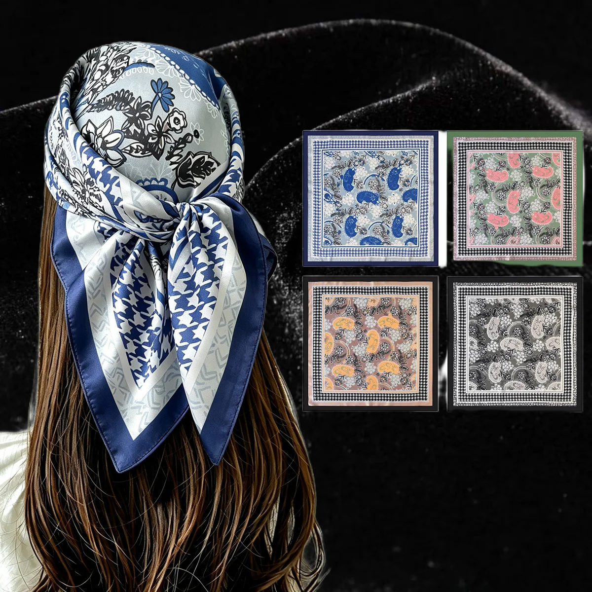 Luxury Satin Square Scarf Women's Vintage Floral Houndstooth Geometric Print Headscarf Turban Wrap Contrast Border 4 Colors