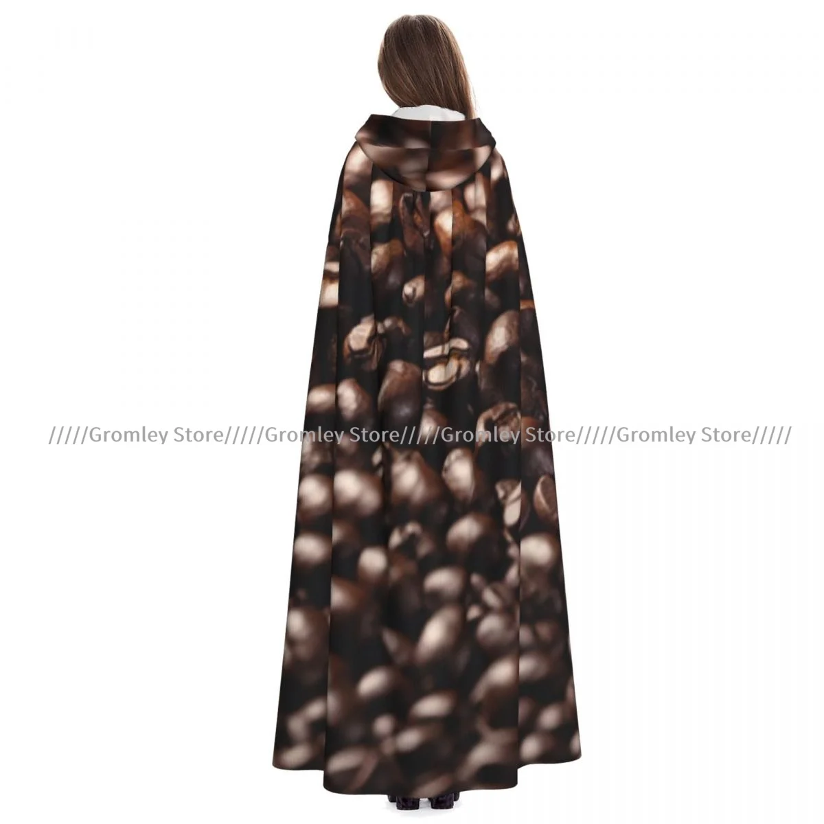 

Witch Long Hooded Robe Coffee Beans Background Halloween Cloak Cosplay Costumes for Adult