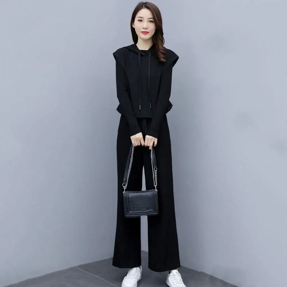 Three-piece Set Women Casual Suit Black Tops Hooded Vest Coat Pants Set Leisure Elegant Outfit Spring Autumn Commuter Tracksuit