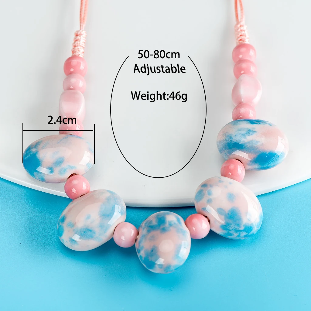 Blue Pink Cobblestone Shape Ceramic Bohemia Bead Necklace Pendant Vintage Necklaces Classic Style Jewelry #2584