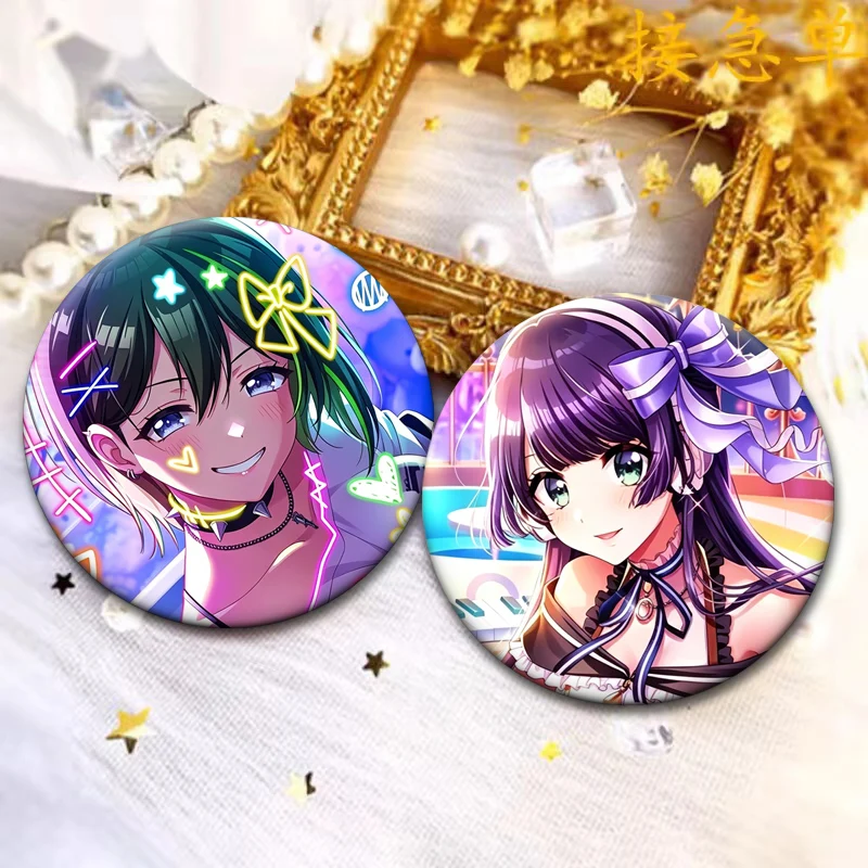 Cute Anime D4DJ Happy Around Pins Rinku Aimoto,Maho Akashi,Muni Ohnaruto,Rei Togetsu Cartoon Badge Round Brooches for Bag Decor