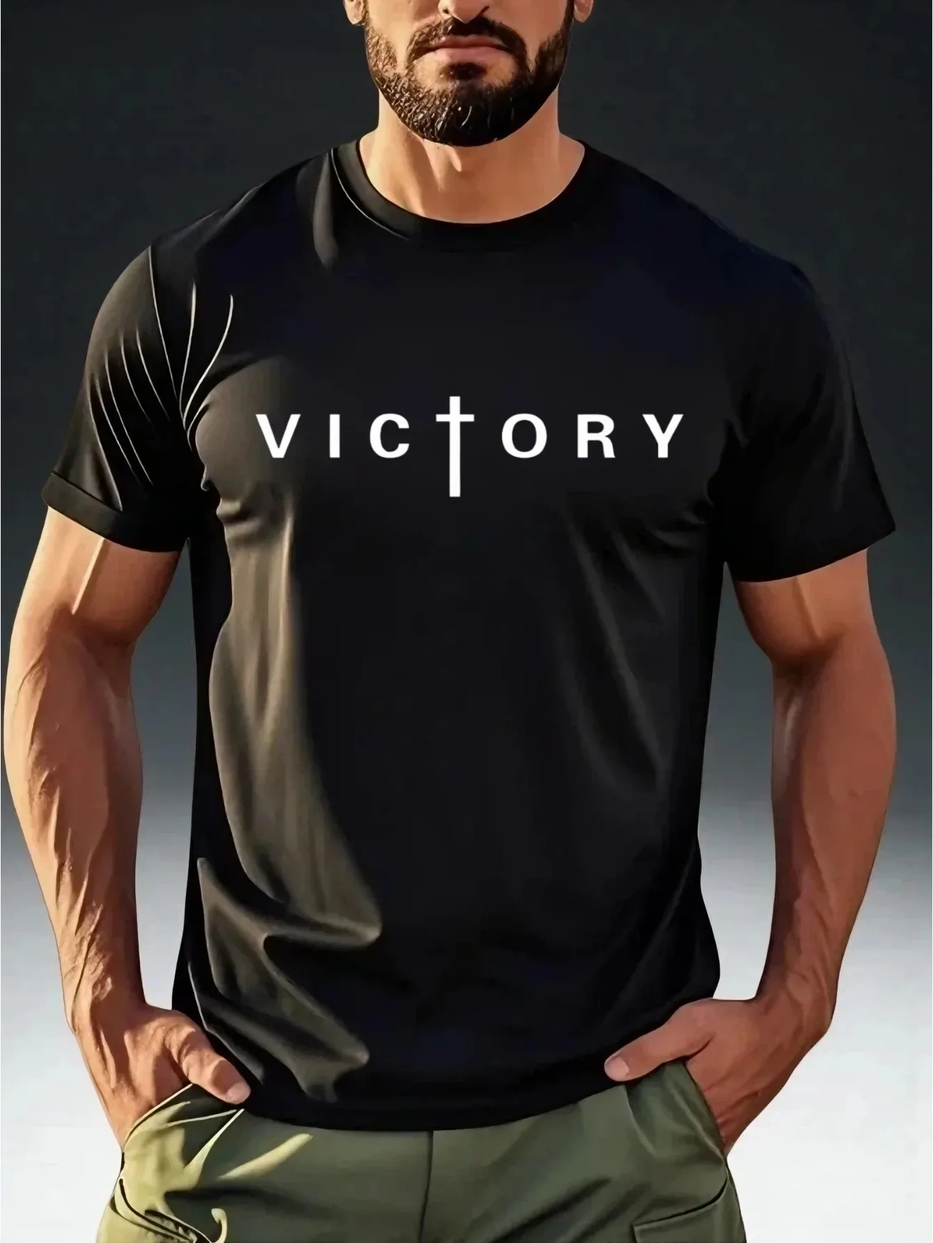 Fashion New VICTORY Cross Letter Graphic T-Shirt Christian Faith Religious Print Short Sleeve Tee Summer Casual Daily Gift Top