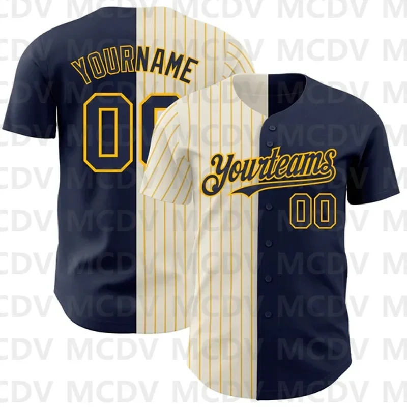 

Custom Navy Cream-Gold Pinstripe Authentic Split Fashion Baseball Jersey 3D Printed Casual Team Shirts Unisex Tops