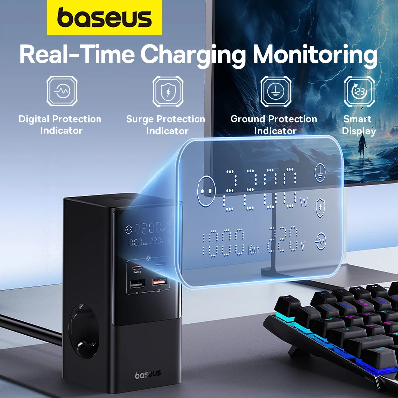 Baseus 100W Fast USB Charger 6 in 1 Power Strip Desktop Charging Station 1200J Surge Protector For MacBook iPhone 16 15 Samsung