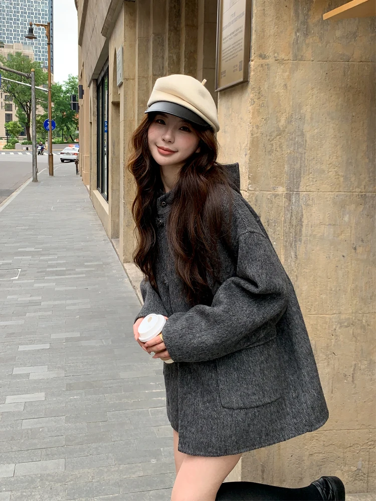 

Double-Sided ort Woolen Coat Women's Korean Sle Lazy Faion Woolen Outerwear Autumn Winter New Arrival Cact Size