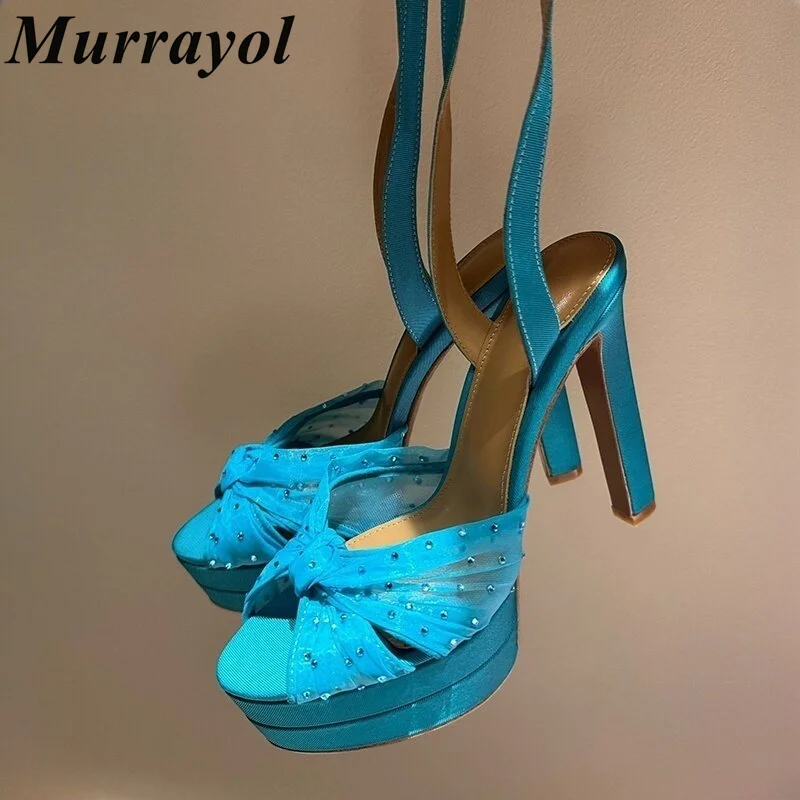 

New 2025 Open Toe Lace Mesh Thick Heel Sandals Women Crystal Decor Waterproof Platform Sandalias Summer Party Dress Shoes