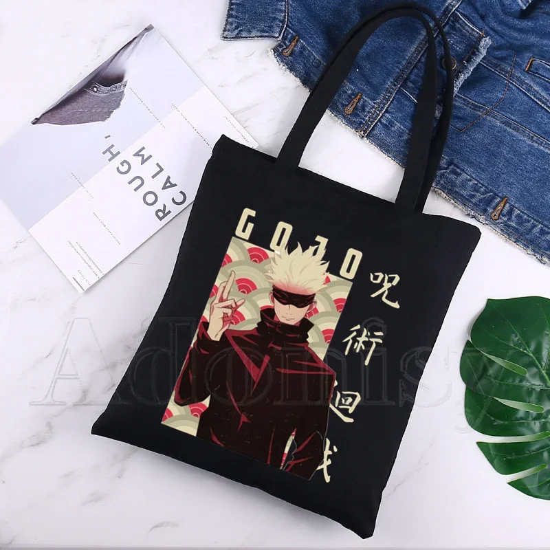 Jujutsu Kaisen Print Reusable Shopping Bag Women Canvas Tote Bags Printing Eco Bag Cartoon Shopper Shoulder Bags Black