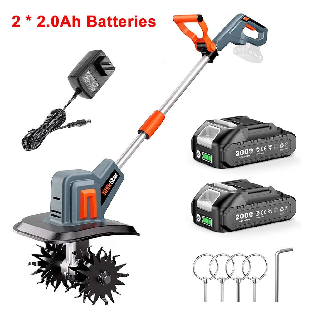 TaskStar draadloze grondfrees voor tuinieren 360 tpm elektrische grondfrees Twee 2,0 Ah accu's Aangedreven cultivator met 48 heavy-duty stalen tanden Gebruikt voor landbouwwerkzaamheden