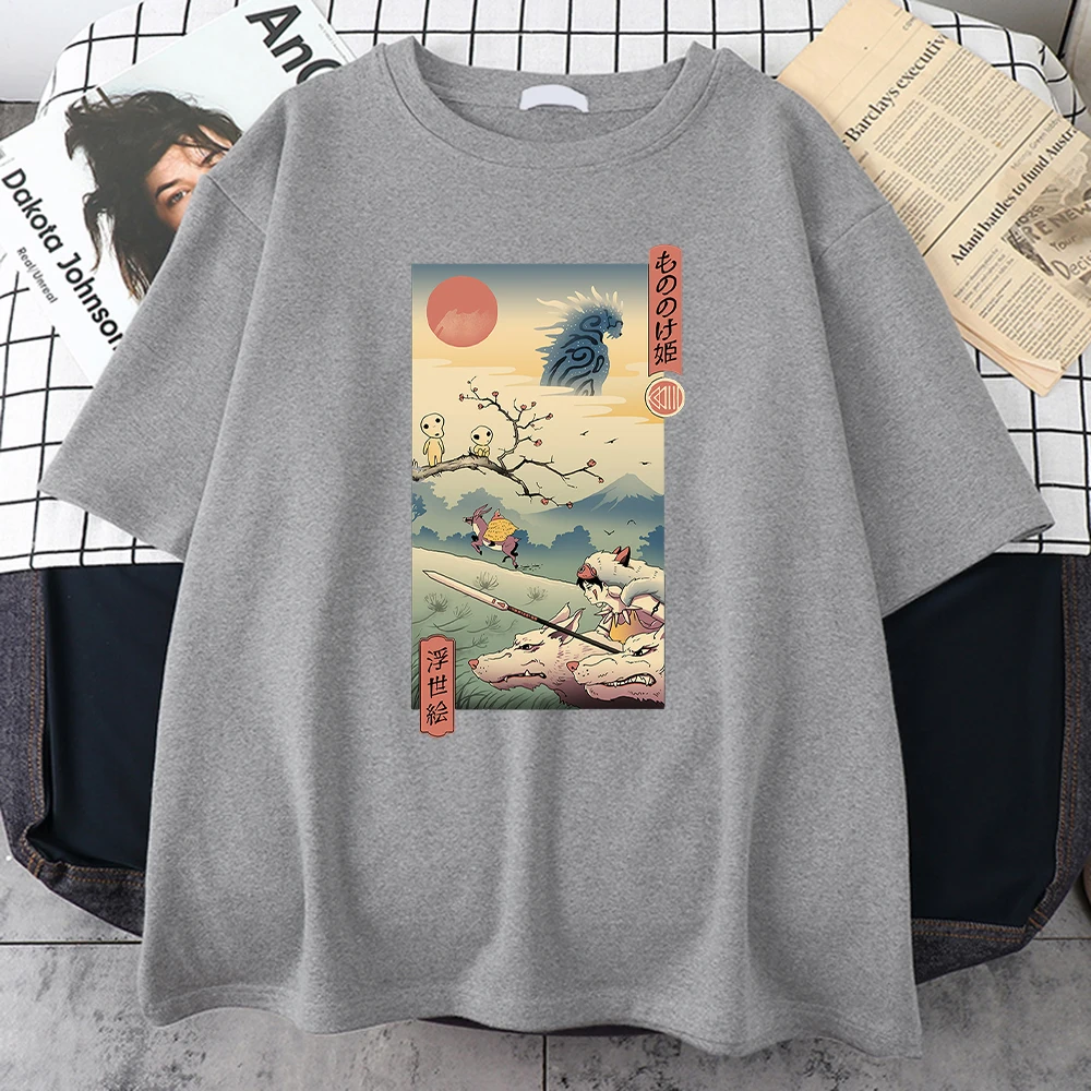 Wolf Princess Ukiyo Men T-Shirt Japanese Style Fashion Streetwear Harajuku Casual Men\'s Shirt Oversized Round Neck Male Tshirts