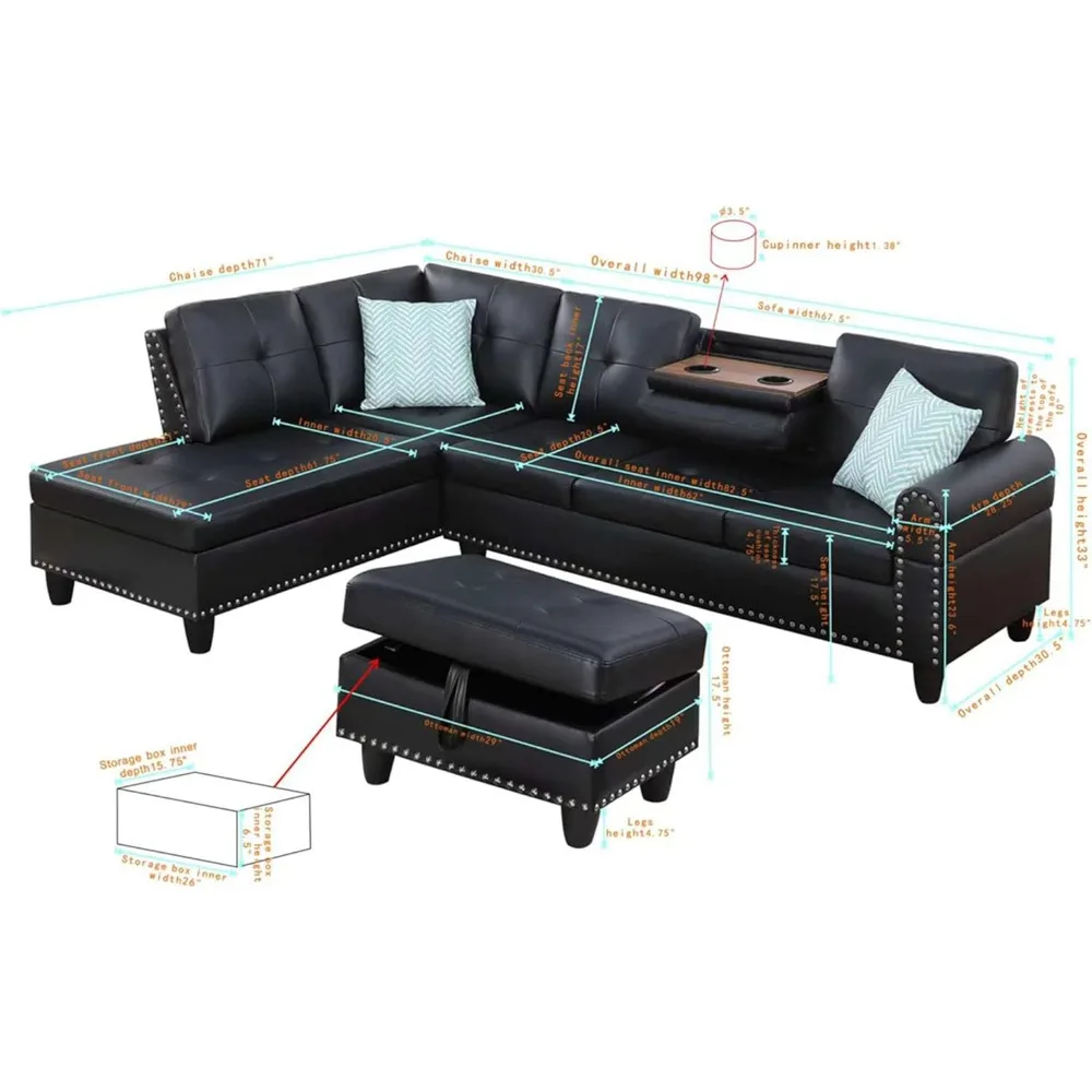 Sofa Furniture Set with Storage Ottoman, Right Hand Facing Chaise Longue and Cup Holder and Pillow, Dark Grey Sofa