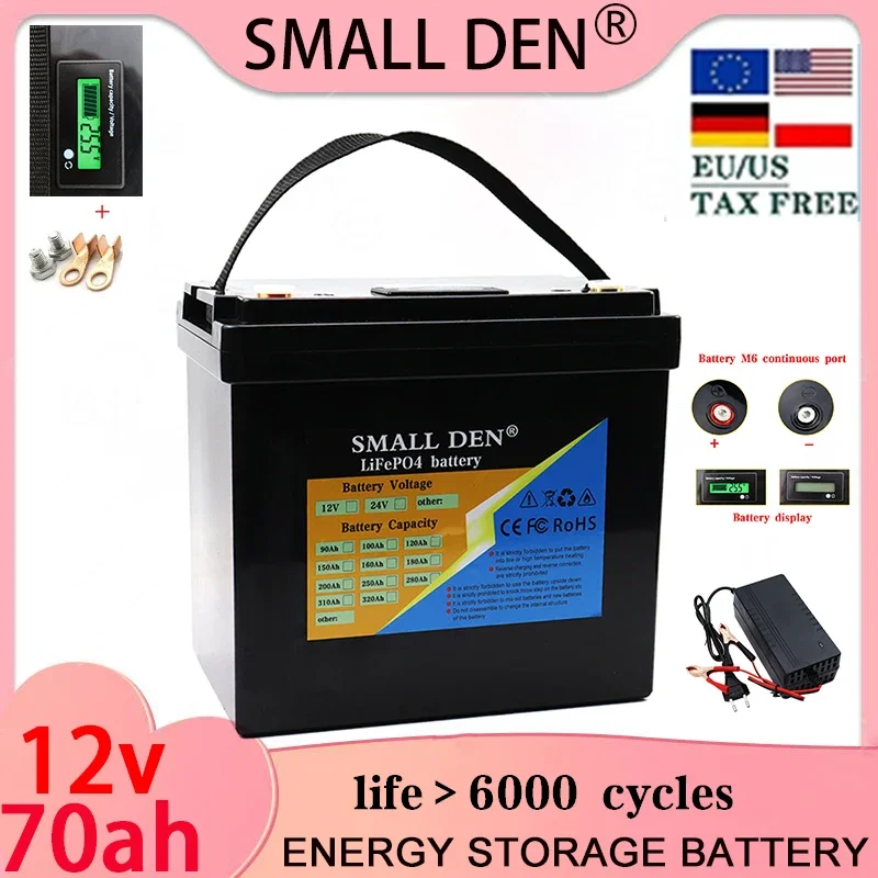 12V 70Ah lithium iron phosphate battery pack 12.8V lithium power off-road off grid solar wind battery RV camper golf cart