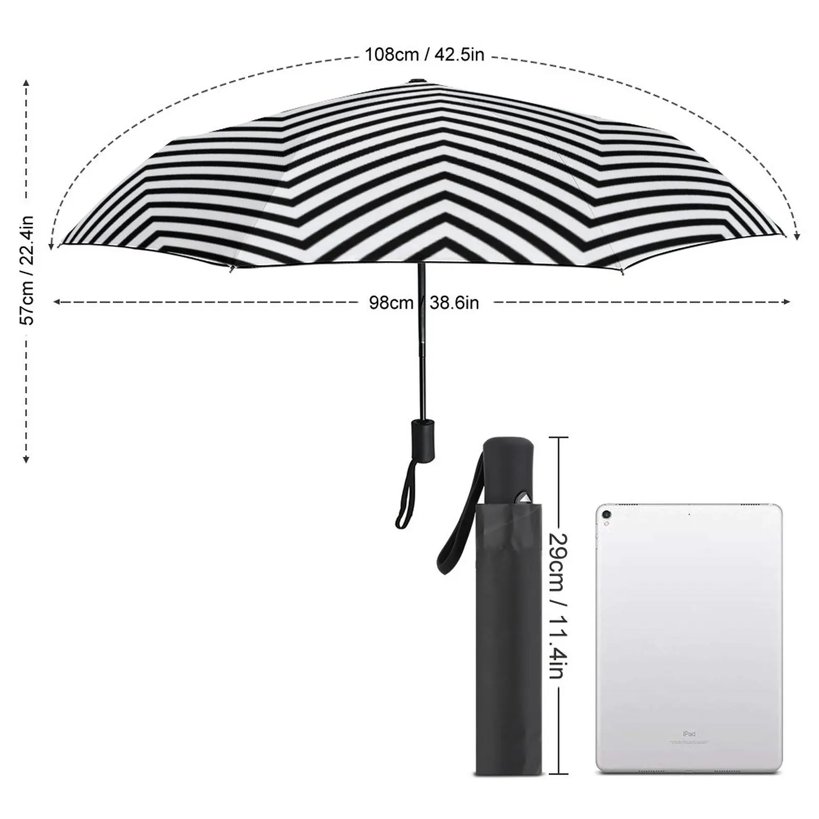 Black Nordic Lines Umbrella Minimal Zig Zag Elegant Windproof Umbrella Automatic Print Portable Trekking Umbrella