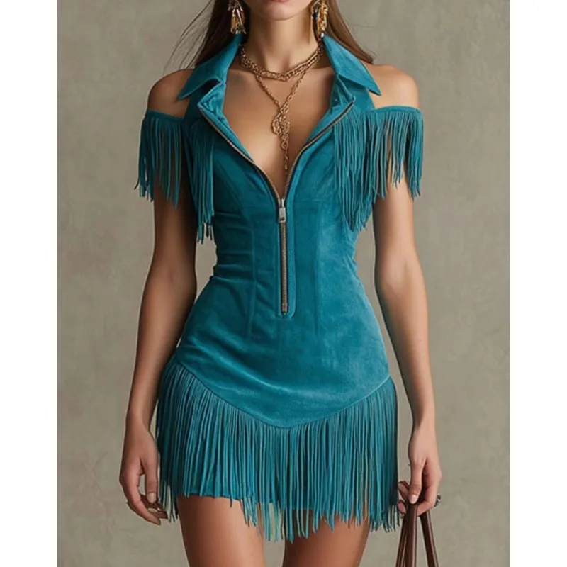 

Elegant Tassel Patchwork Design Women's Dress Summer Fashion Lapel Zipper Semi Open Mini Dresses Lady Sexy Off Shoulder Vestidos