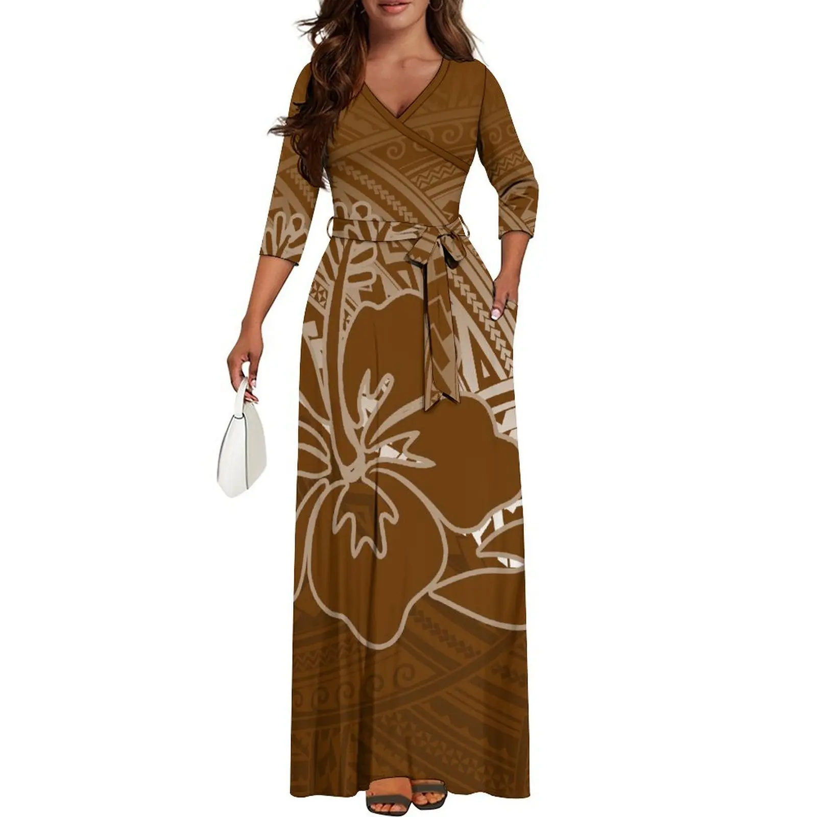 Samoa Island Club Women'S Custom Autumn New Design Long Sleeve Dress Elegant Skirt Temperament V-Neck Waist Strap Design