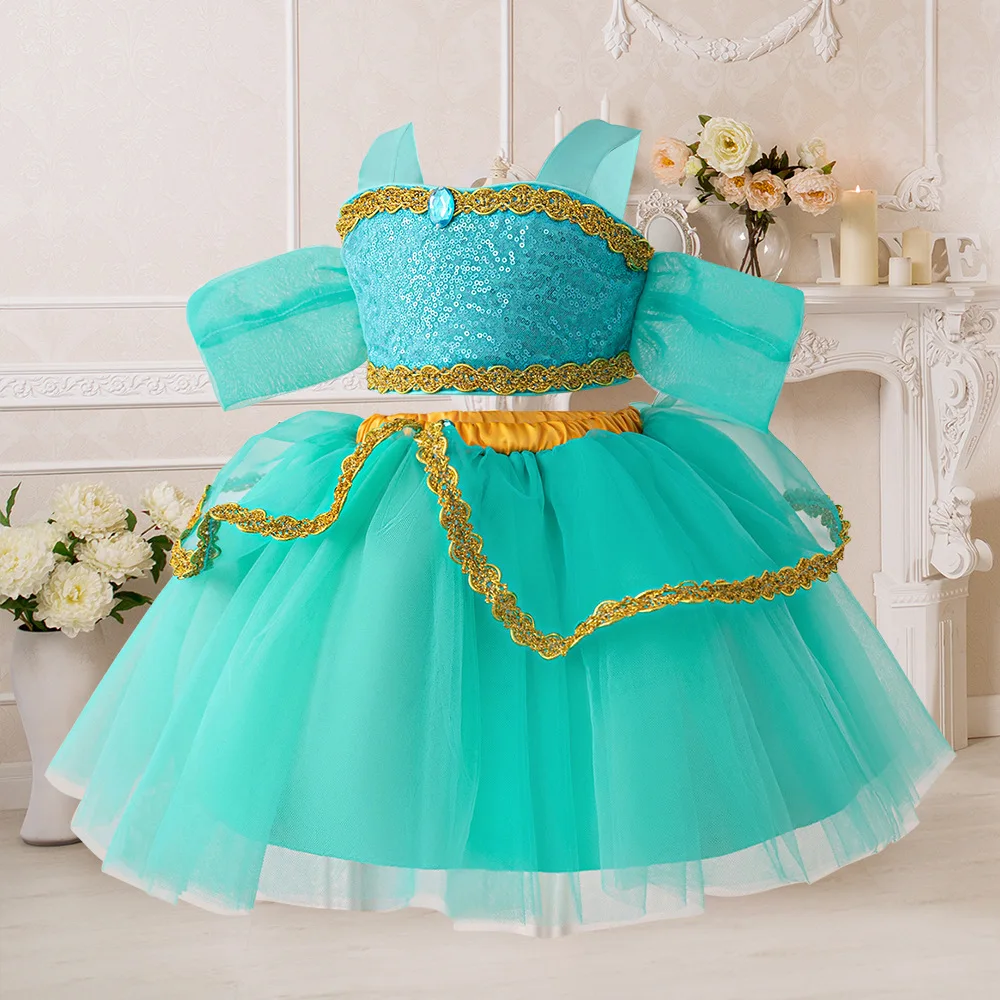 Girls Jasmine Costume for Aladdin Princess Magic Lamp Dress Sets Carnival Clothing Vestidos Kids Halloween Party Cosplay Costume