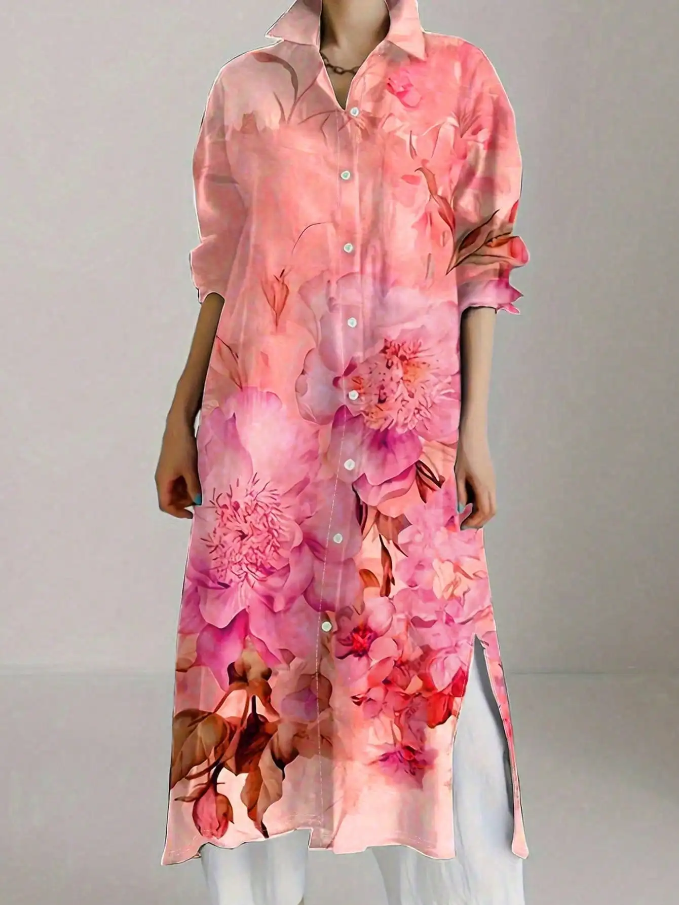 

Plus Size Women's Retro Chic Floral Print Long Sleeve Shirt Dress