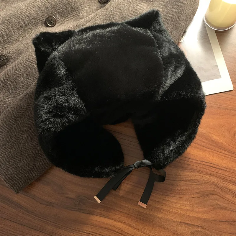 Chapeau de bombardier en peluche avec oreilles de chat pour femme, petit chapeau chaud pour le visage, sangle épaissie, protection des oreilles, coupe-vent, pull mignon, hiver