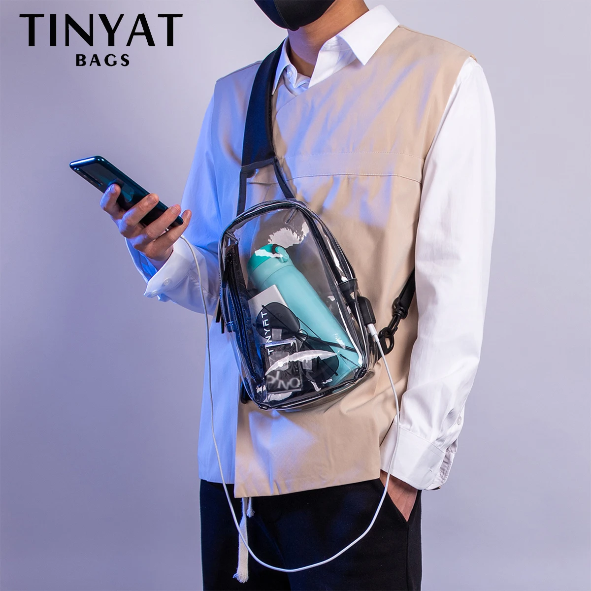 TINYAT Clear Crossbody Man Chest Bag Brand Small Men Shoulder Bag Women Waterproof Chest Bag USB Charging Fashion Bags