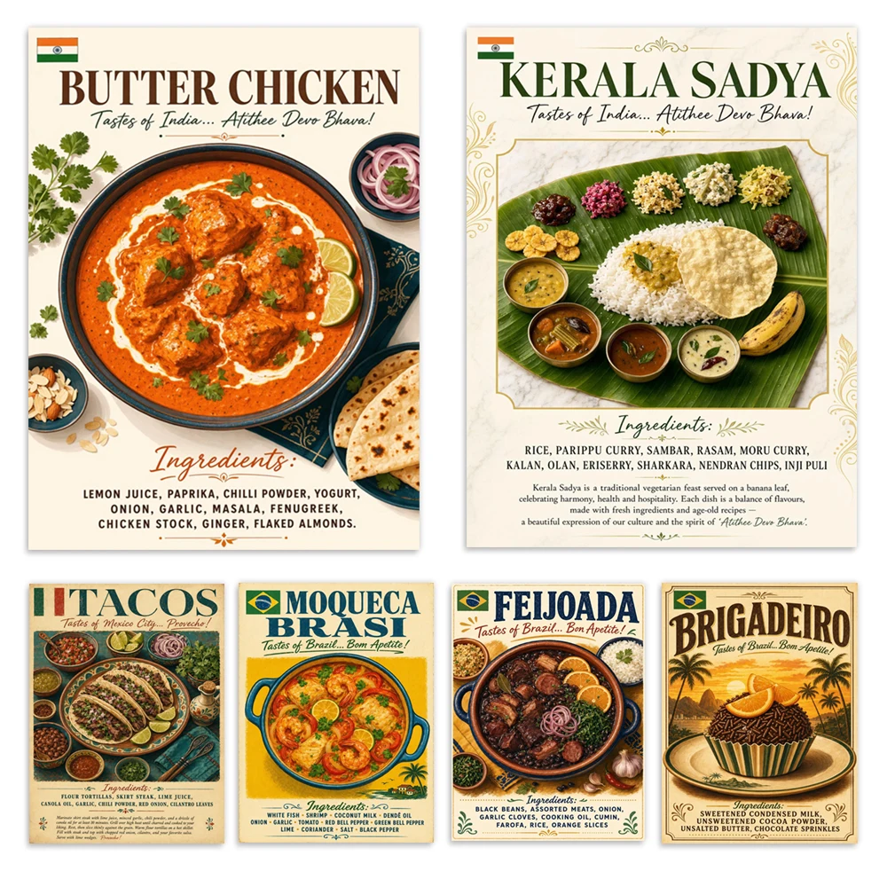 Indian butter chicken, spice market, Brazilian black bean stew, stewed fish, chocolate balls, vintage recipe poster decorations