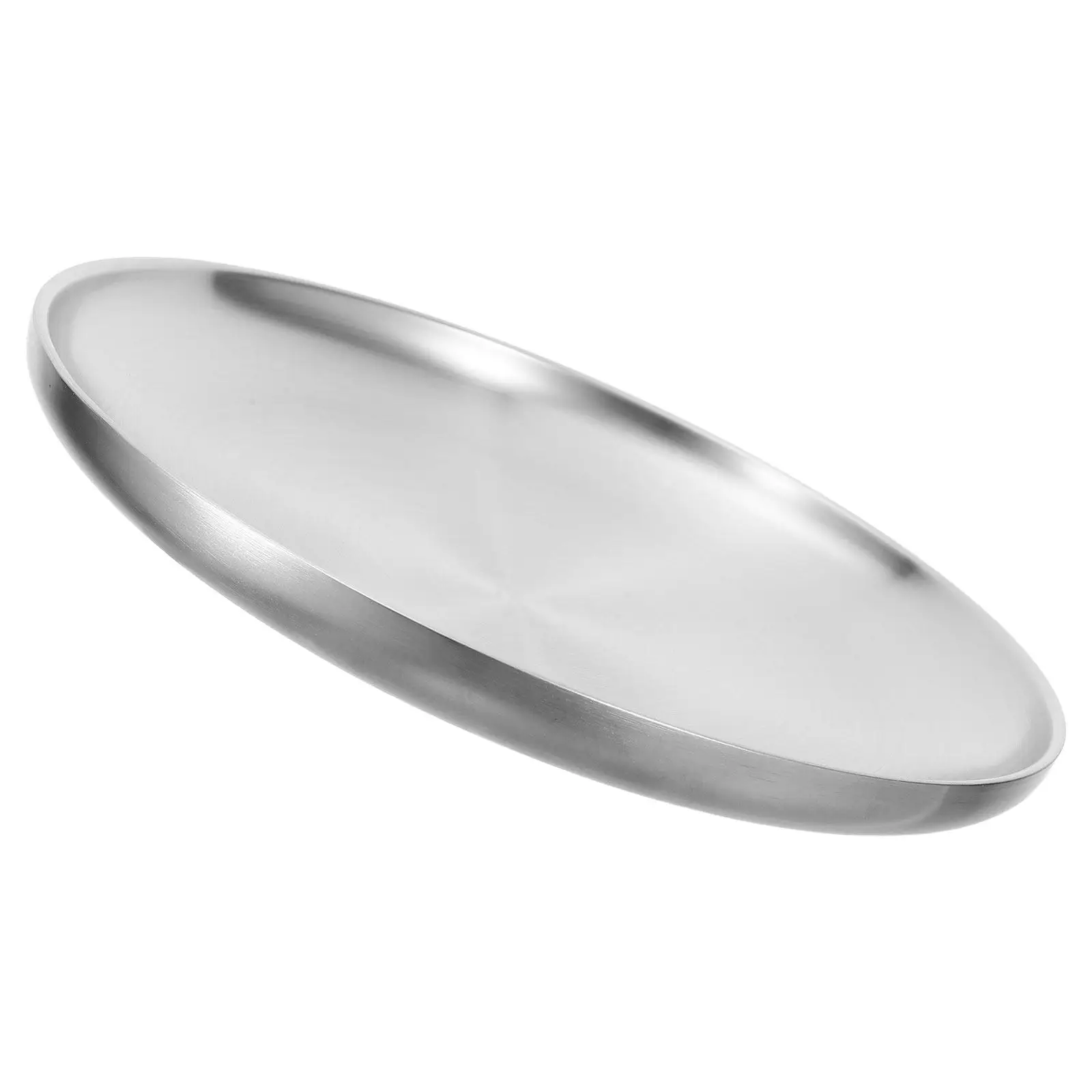 23Cm Round Stainless Steel Dish Dinner Plate with Wire Drawing Finish Double Wall Lightweight Non Slip Kitchen Tableware