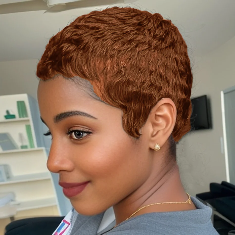 Elegent Short Brazilian Layered Pixie Cut Human Hair Full Machine Made Wigs