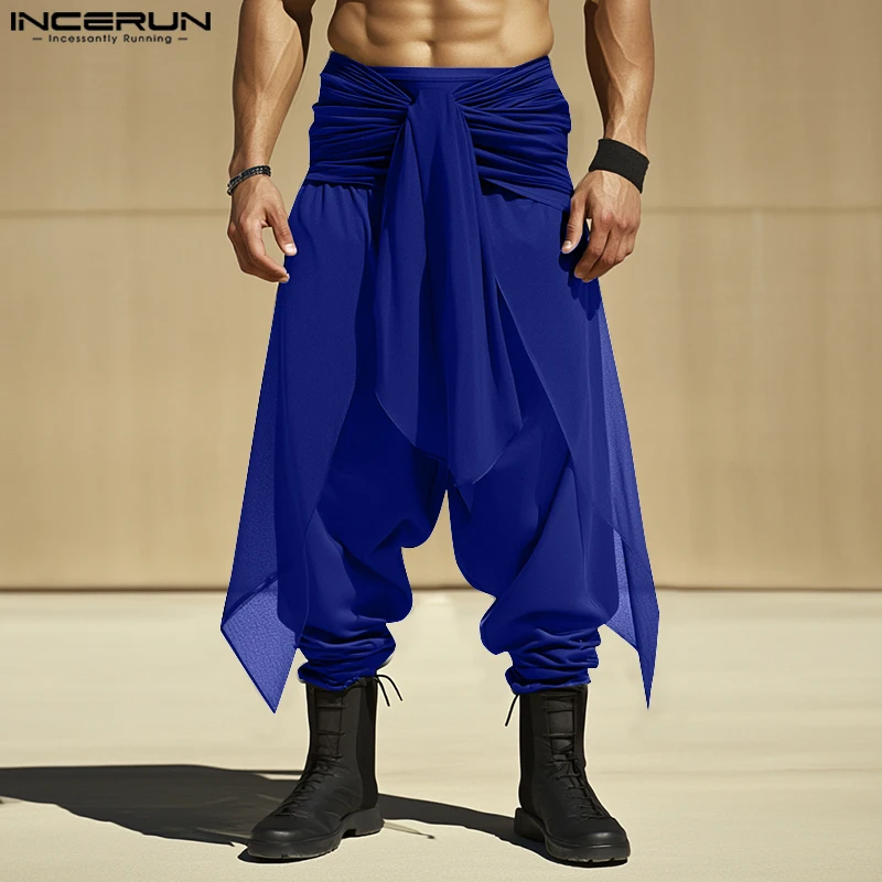 Men Irregular Pants Solid Color Lace Up Fake Two Pieces Trousers Men Streetwear Joggers Oversize Fashion Long Pants 2025 INCERUN