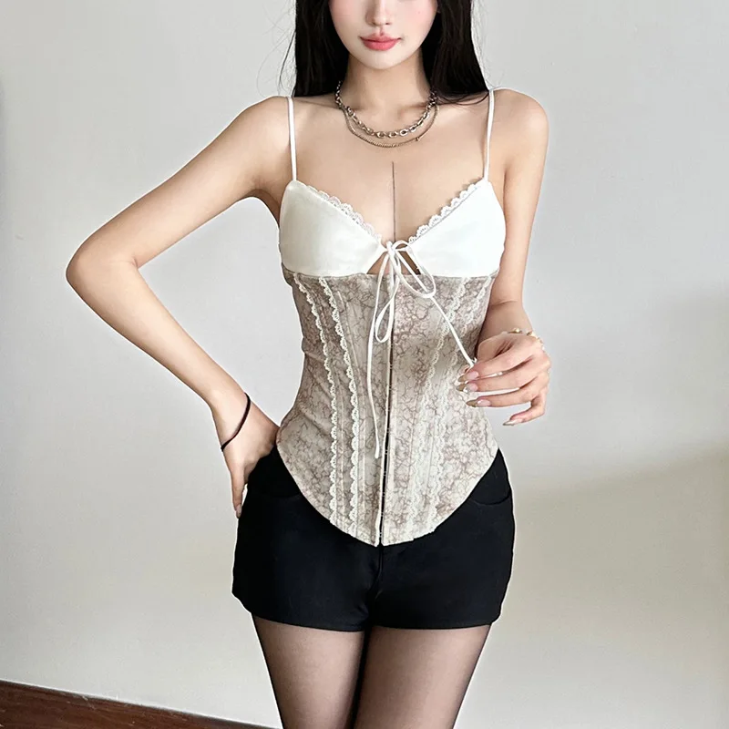 

Spring 2025 Women's Denim Lace Trim Decorative Strap Vest Striped Thin Knitted White Top Cross-Border Sle Ladies' Csole