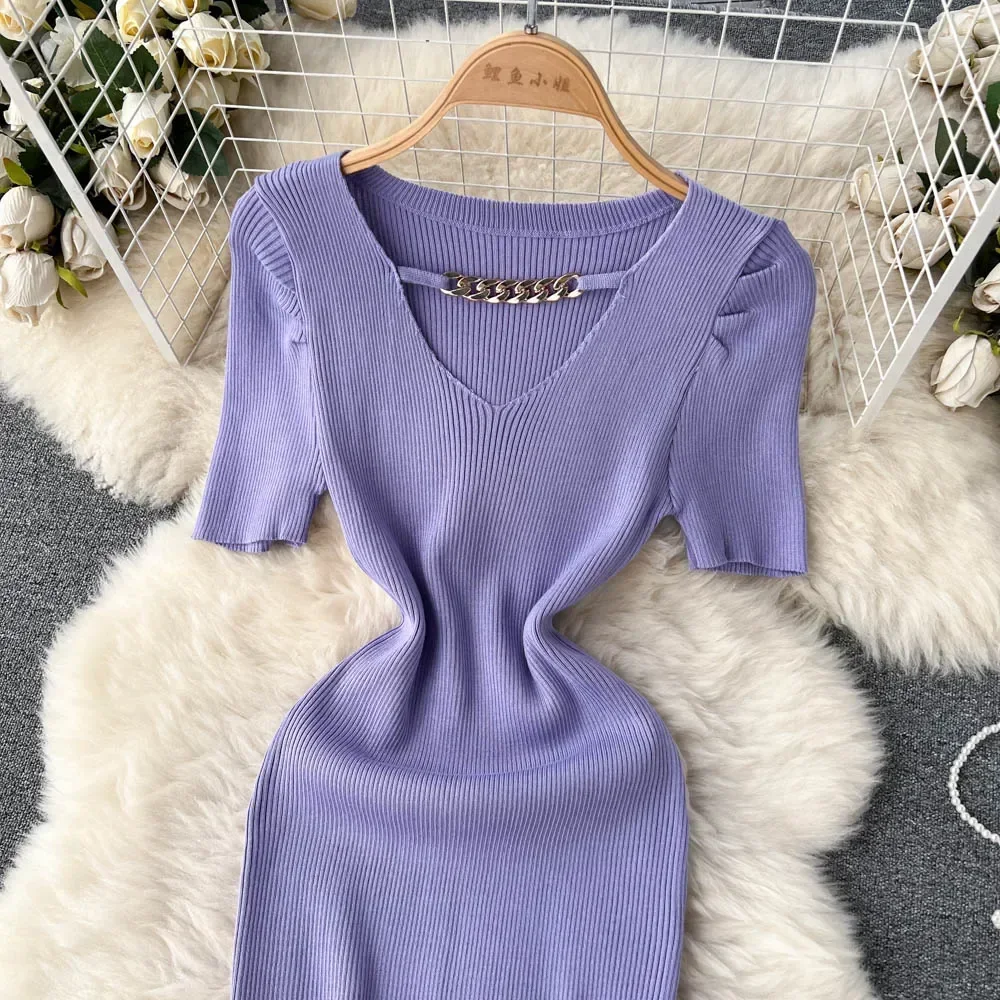 Chain Design Knitted Summer Dress Fashion Short Sleeves Korean Slim Dress Women Streetwear Elastic Short Party Mini Dress