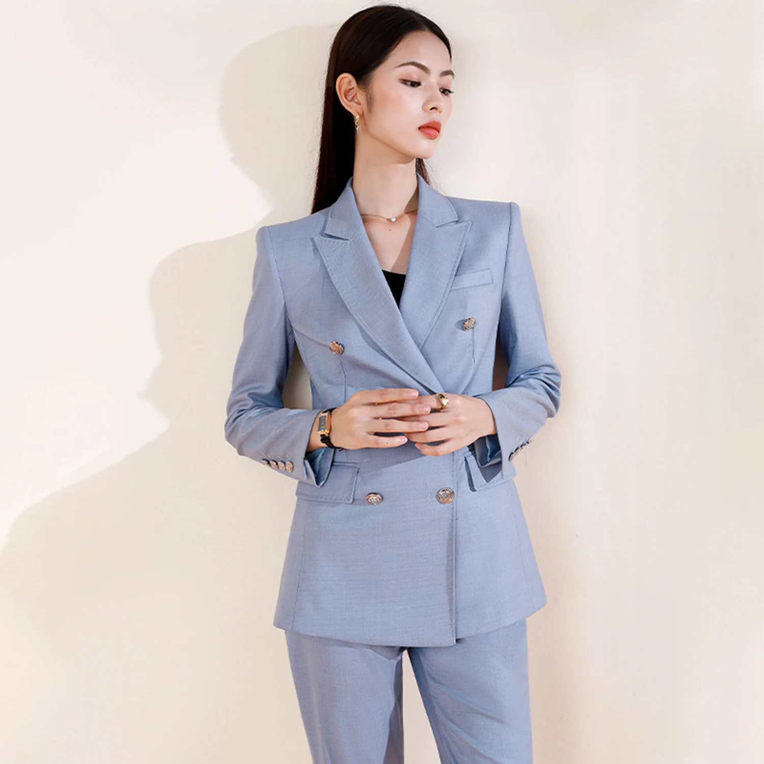 Allingentle Blue Women's Suit Slim Fit Pantsuit 2 Piece Suit Fashion Blazer & Pants for Casual Office Customize