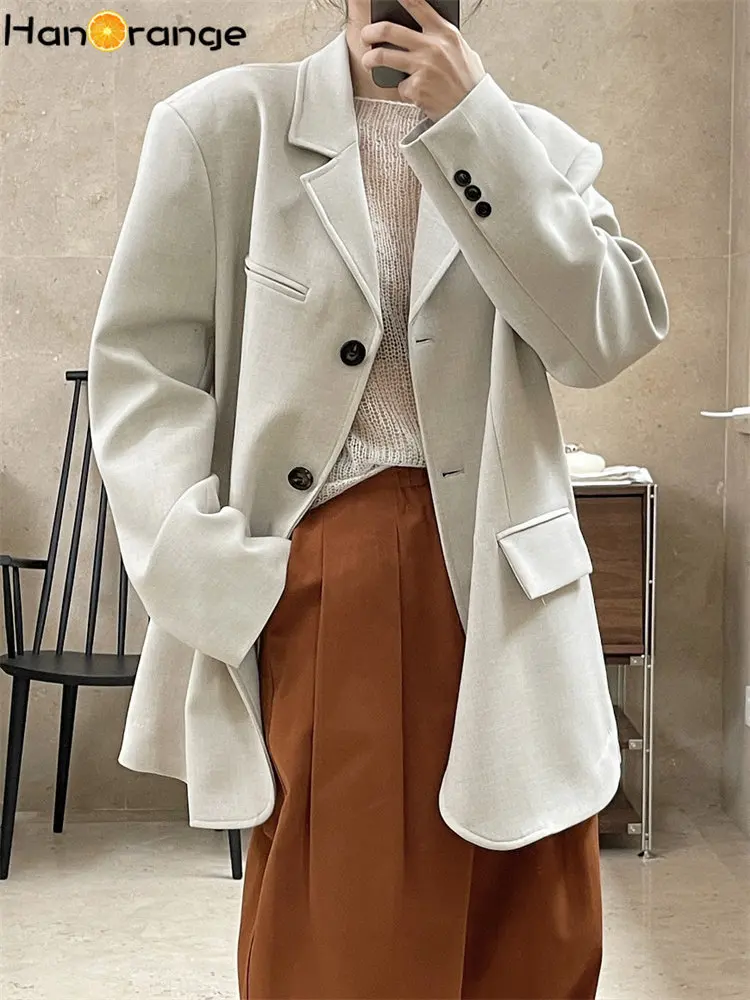 HanOrange 2024 Early Spring Retro Fashion Silhouette Lapel Suit Jacket Women Loose Comfortable Commuter blazer Coat Female