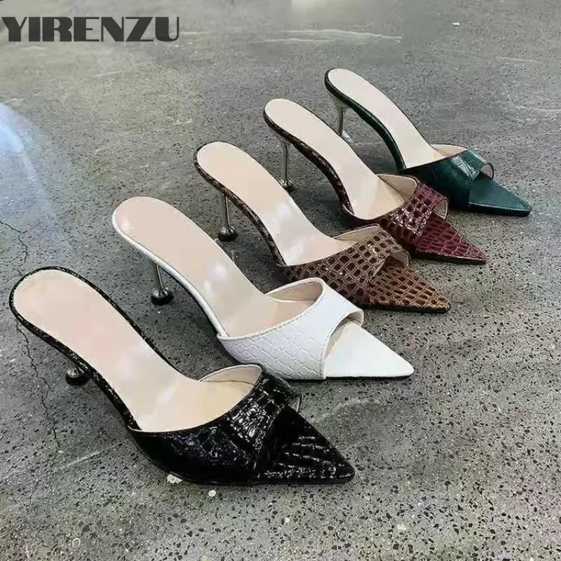 Snake Print Strappy Mule Women Thin High Heels Slippers Sandals Pointed Peep Toe Slides Party Flip Flops Shoes