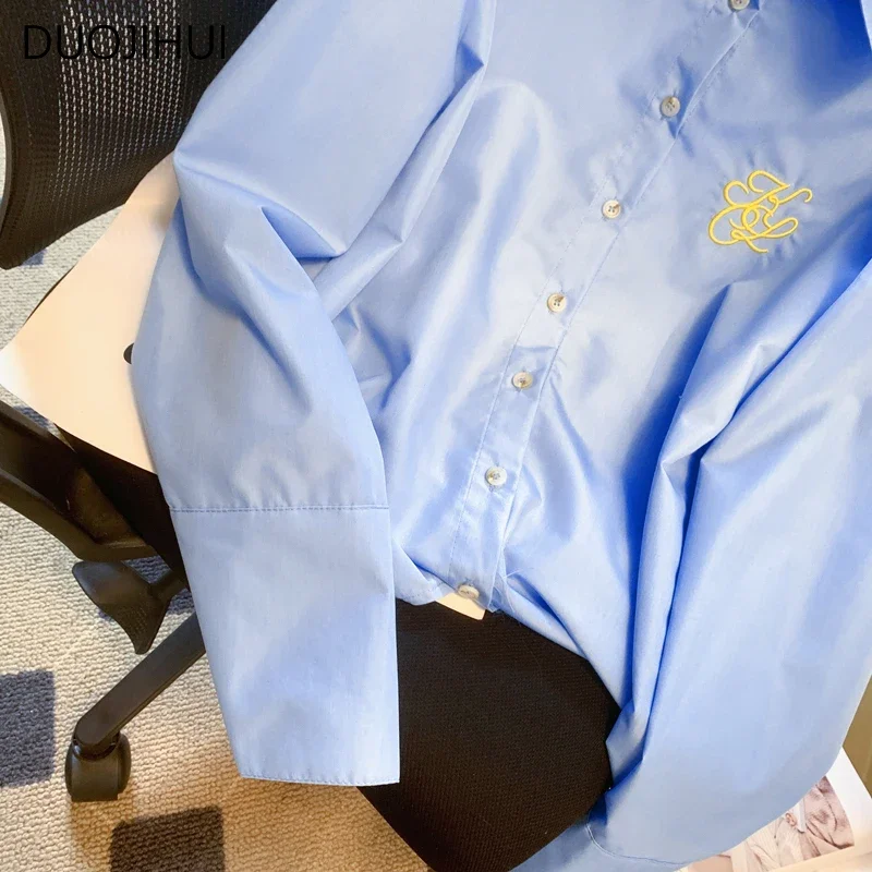 DUOJIHUI Blue Chic Embroidery Basic Polo Neck Women Shirt Spring New Elegant Office Lady Fashion Solid Color Simple Female Shirt