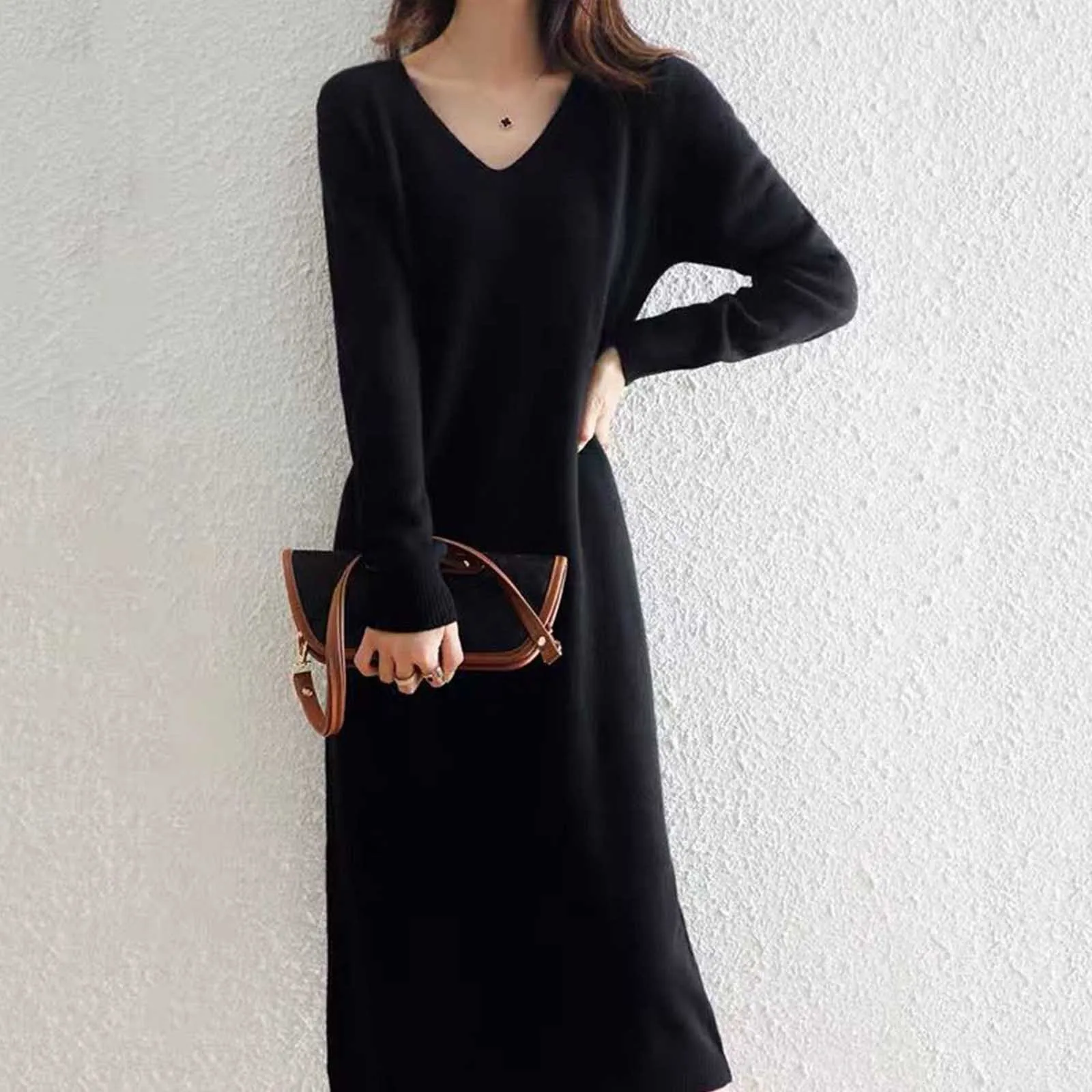 Long Sleeve V Neck Wool Knit Dress For Women  French Style Layering Long Dress For Fall And Winter  Cozy Warm Casual Maxi Dress