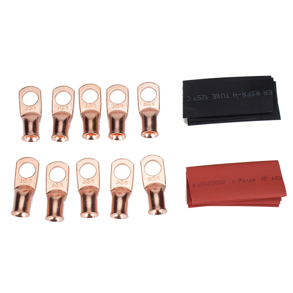 10pcs 4x3/8 Cable Lug Copper Terminals Crimp Ring Welding Wire Connectors Kit with 10pcs Heat Shrink Tube