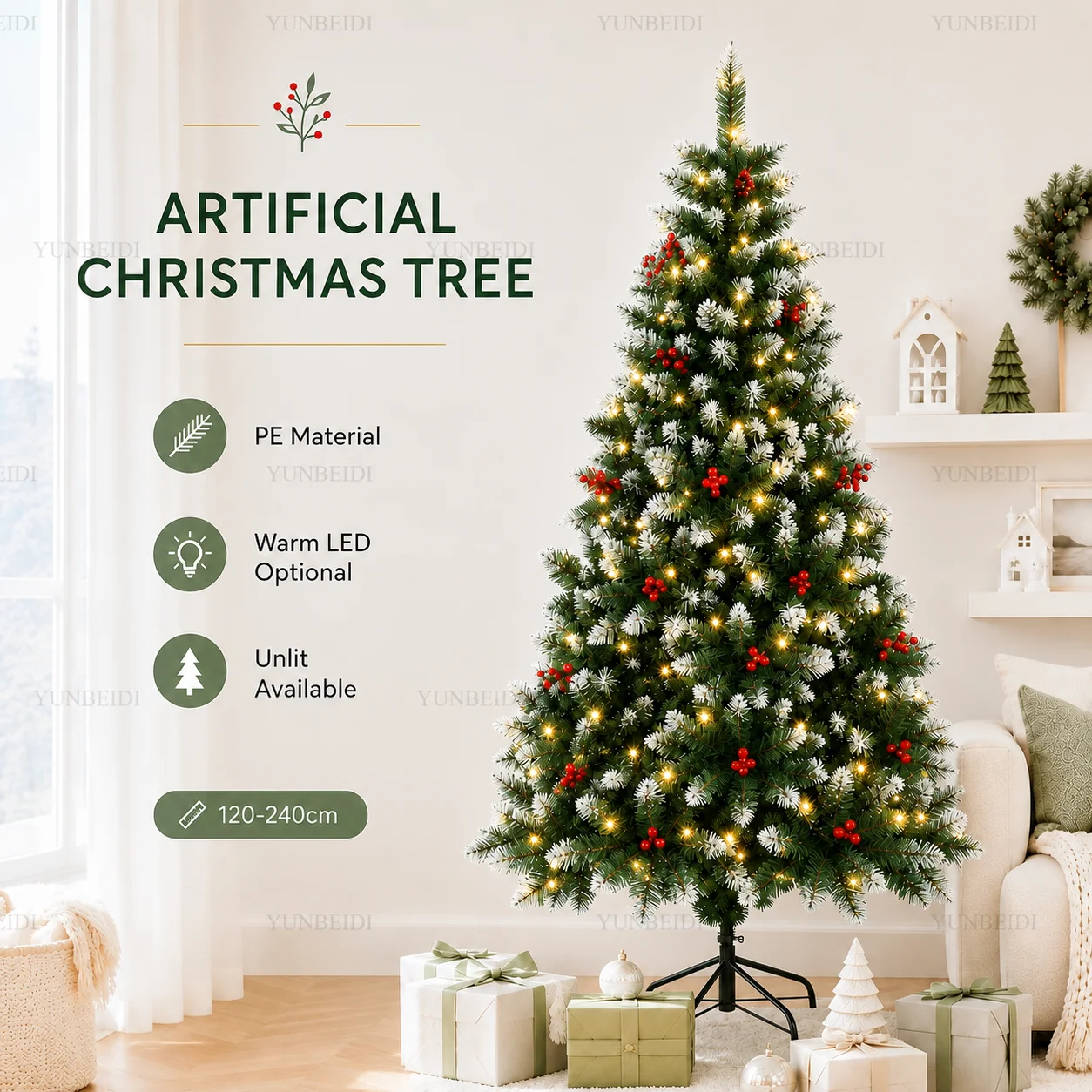 Künstlicher Weihnachtsbaum aus PVC mit spitzen Ästen, weißen und roten Früchten, LED-Beleuchtung, 120CM-240CM, für Heim- und Partydekoration zu Weihnachten.